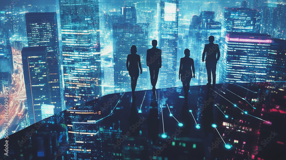 Abstract business team stands on the peak of success amid tall, innovative Smart city and graphs with statistics to analyze business potential and predict future developments in company growth. Abstract business team stands on the peak of success amid tall, innovative Smart city and graphs with statistics to analyze business potential and predict future developments in company growth.