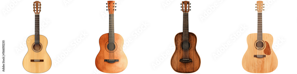 Naklejka premium Summer festival music and games, A collection of acoustic guitars showcasing various wood finishes and designs, highlighting their craftsmanship and aesthetic appeal.