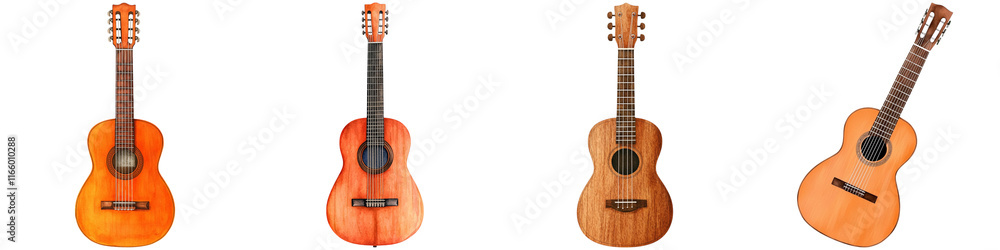 Obraz premium Summer festival music and games, A collection of four acoustic guitars showcasing different shapes and finishes, highlighting their craftsmanship and unique designs.