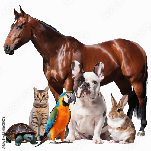 Animal overview: Horse, dog, cat, rabbit, turtle, parrot.