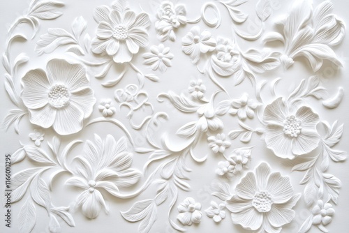 Intricate white floral relief design created with skillful craftsmanship in an artistic studio