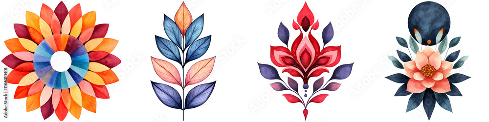 Obraz premium Summer festival music and games, A vibrant collection of stylized floral designs featuring various colors and shapes, showcasing intricate details and artistic flair.