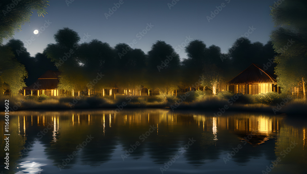 Park on a summer evening night. Landscape of a lake or river.generative ai Park on a summer evening night. Landscape of a lake or river.generative ai