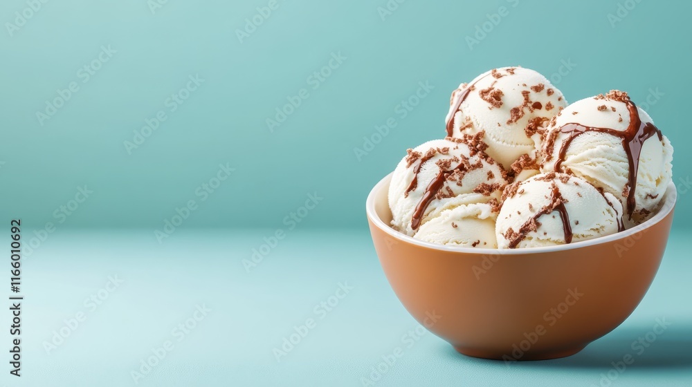 This beautifully arranged bowl of ice cream showcases three scoops drizzled with rich chocolate, creating a mouthwatering and elegant dessert perfect for any occasion.