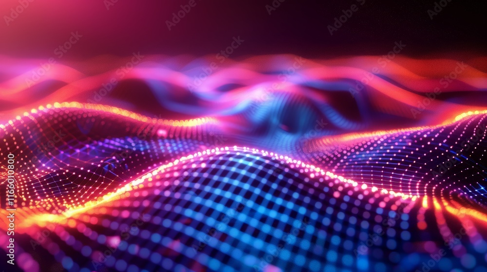 Glowing particles form a grid creating an abstract wavy landscape with vibrant colors, suitable for wallpapers Glowing particles form a grid creating an abstract wavy landscape with vibrant colors, suitable for wallpapers
