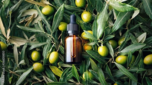 Olive essential oil in a bottle. Selective focus. Nature.