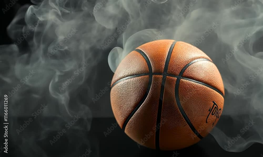A basketball surrounded by swirling smoke, emphasizing motion and energy. A basketball surrounded by swirling smoke, emphasizing motion and energy.