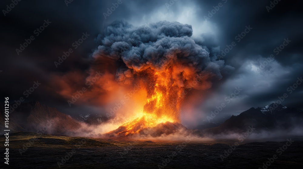 An explosive volcanic eruption showcased in all its fiery glory, presenting a powerful blend of orange lava and dark smoke against a stunning mountain backdrop. An explosive volcanic eruption showcased in all its fiery glory, presenting a powerful blend of orange lava and dark smoke against a stunning mountain backdrop.