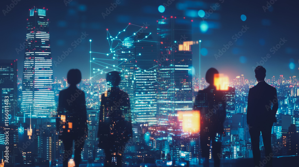 Abstract business team stands on the peak of success amid tall, innovative Smart city and graphs with statistics to analyze business potential and predict future developments in company growth. Abstract business team stands on the peak of success amid tall, innovative Smart city and graphs with statistics to analyze business potential and predict future developments in company growth.