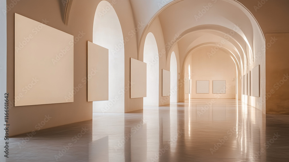 Arches in wall with columns and illuminated blank signboards, curved interior gates with white pillars and empty banners in art gallery or museum, archway classic frames, Realistic 3d vector mock up Arches in wall with columns and illuminated blank signboards, curved interior gates with white pillars and empty banners in art gallery or museum, archway classic frames, Realistic 3d vector mock up