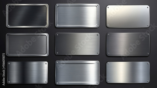 Steel tag plate with borders and screws. Realistic vector set of metal nameplates or boards with empty space for sign. Silver plaque or stainless frame mockup. Blank shape with chrome texture surface.