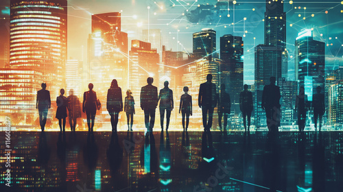 Abstract business team stands on the peak of success amid tall, innovative Smart city and graphs with statistics to analyze business potential and predict future developments in company growth.