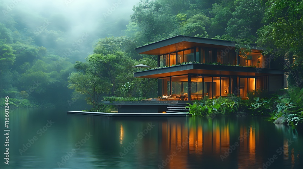 Fototapeta premium Modern house on lake in lush forest at night.