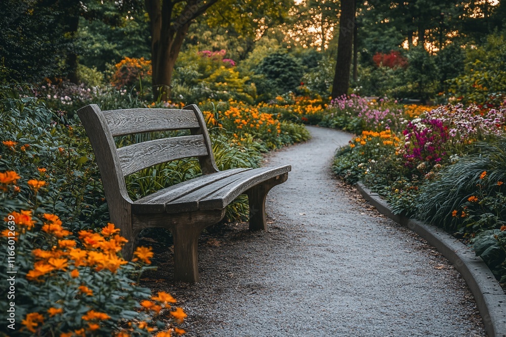 Serene garden bench on winding path. Serene garden bench on winding path.
