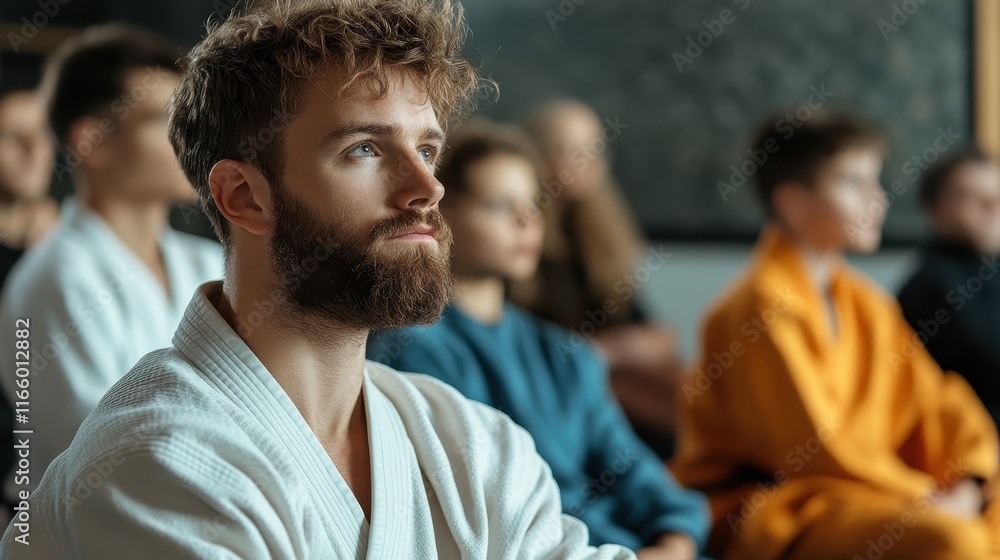 A thoughtful young man meditates with a group around him, highlighting the power of collective energy in meditation sessions and the shared journey of self-discovery. A thoughtful young man meditates with a group around him, highlighting the power of collective energy in meditation sessions and the shared journey of self-discovery.