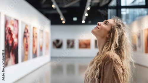 A young woman admires the artwork in a contemporary gallery, capturing the essence of inspiration, creativity, and the emotional impact of art on individuals. photo