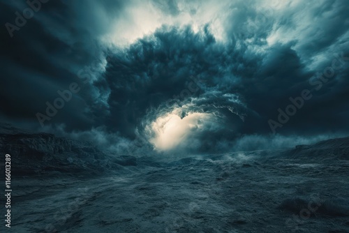 Dark storm clouds gather above a desolate landscape before a potential downpour at twilight photo