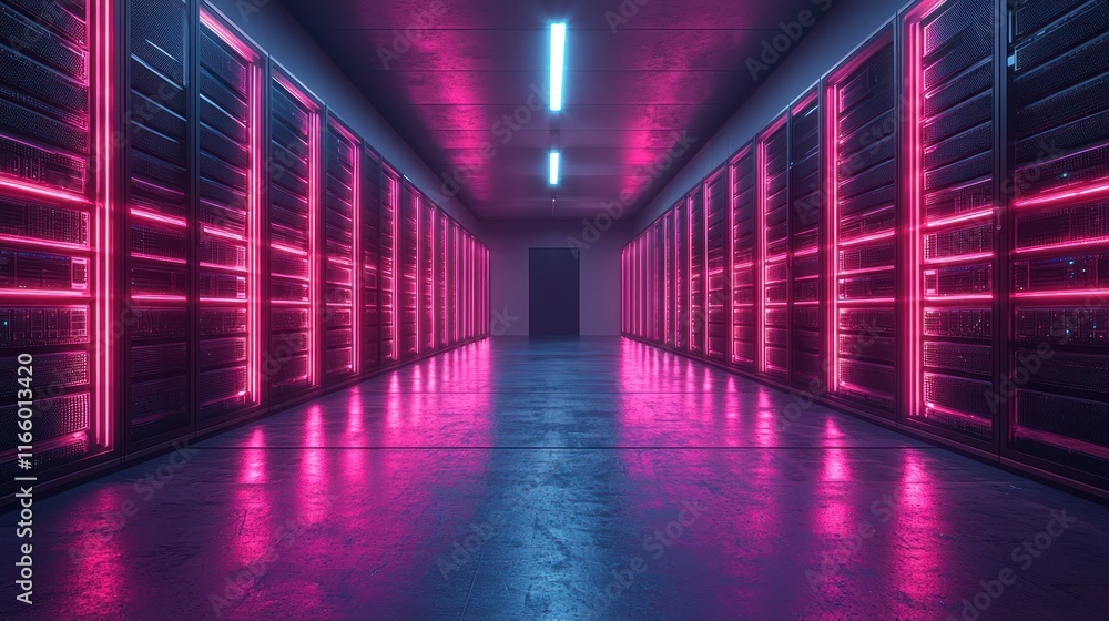 Neon-lit data center with server racks. Neon-lit data center with server racks.