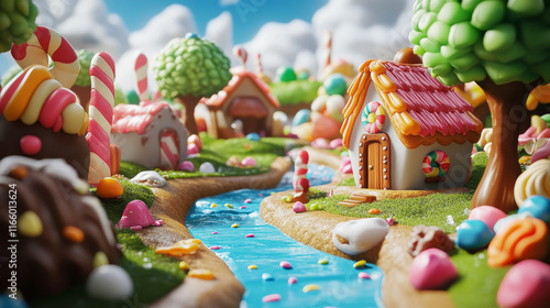 Game level creation kit - candy land assets. Cartoon vector set of sweet dessert for dream world landscape - ground with chocolate river, houses, trees and objects from cookies, lollipops and waffles. photo