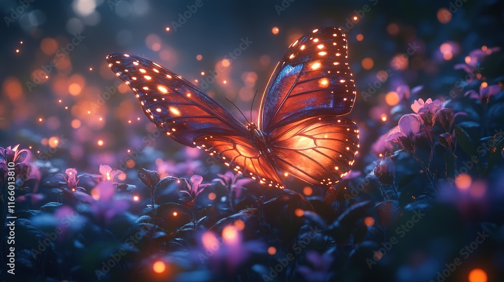 Glowing butterfly in magical night garden. Glowing butterfly in magical night garden.