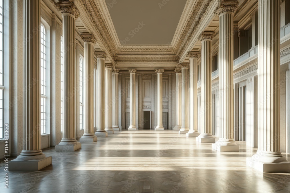 Obraz premium Spacious hall with sunlight streaming through large windows and stunning columns in a grand architectural design