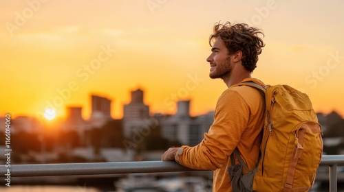 A joyful traveler leans on a railing, gazing at the sunset over the city, embodying a sense of peace and appreciation for travel while enjoying the vibrant atmosphere.