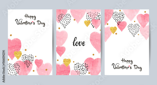 Valentines Day cards set with pink watercolor hearts