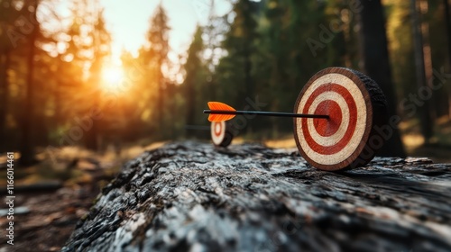 This captivating image depicts two wooden archery targets set in a tranquil forest, with a striking sunset illuminating the natural beauty of the surroundings. photo