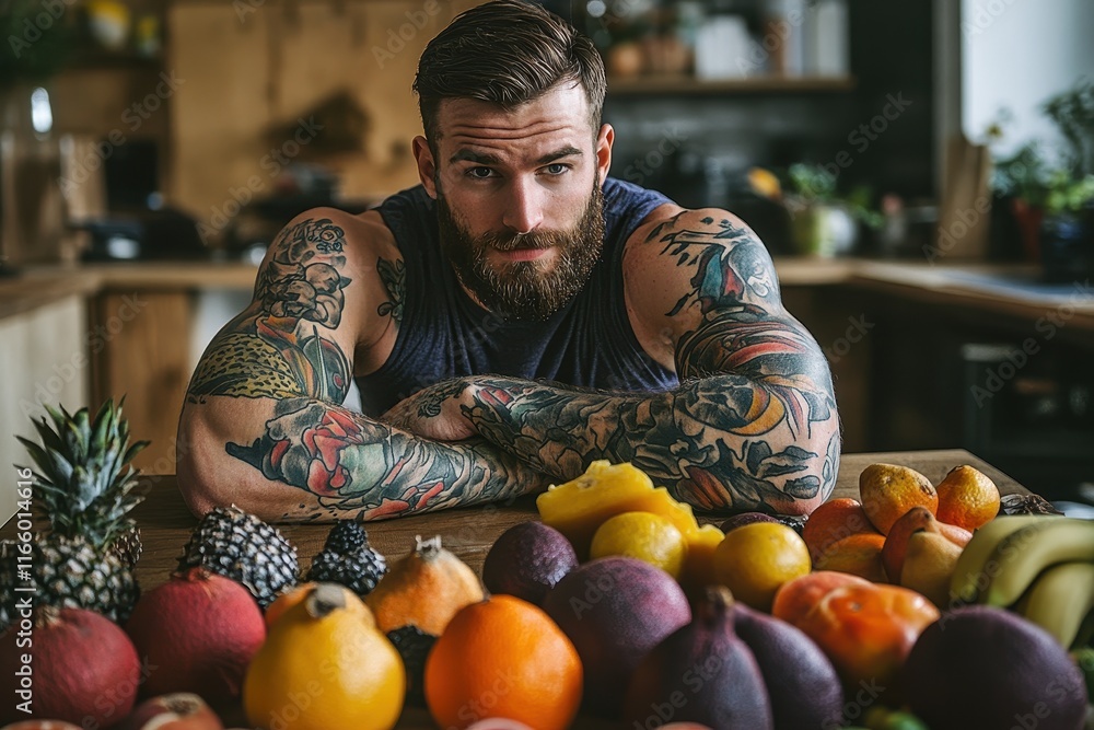 Fototapeta premium Muscular man with tattoos surrounded by fresh fruits in a stylish kitchen setting