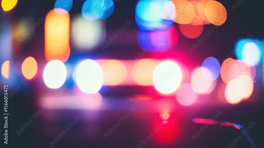 Police car lights, nighttime city street, red and blue flashing lights, bokeh effect, wet pavement reflections, urban atmosphere, emergency response, neon glow, dramatic lighting, cinematic scene, cri Police car lights, nighttime city street, red and blue flashing lights, bokeh effect, wet pavement reflections, urban atmosphere, emergency response, neon glow, dramatic lighting, cinematic scene, cri