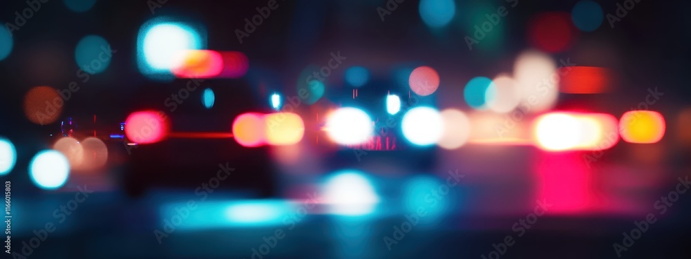 Police car lights, nighttime city street, red and blue flashing lights, bokeh effect, wet pavement reflections, urban atmosphere, emergency response, neon glow, dramatic lighting, cinematic scene, cri Police car lights, nighttime city street, red and blue flashing lights, bokeh effect, wet pavement reflections, urban atmosphere, emergency response, neon glow, dramatic lighting, cinematic scene, cri