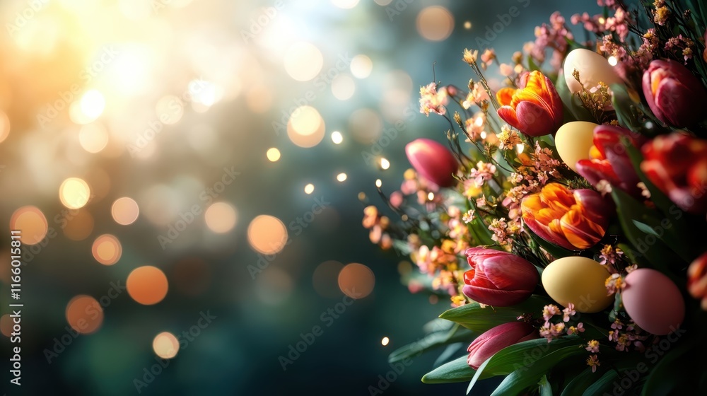 A vibrant arrangement of tulips and Easter eggs in a beautiful outdoor setting, capturing the essence of spring and the festive spirit of Easter celebrations. A vibrant arrangement of tulips and Easter eggs in a beautiful outdoor setting, capturing the essence of spring and the festive spirit of Easter celebrations.