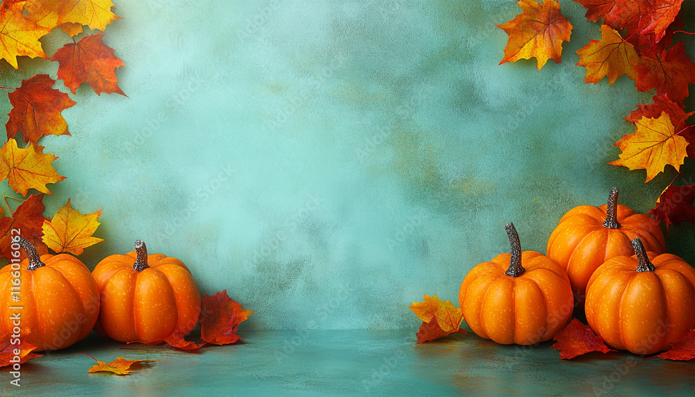 Thanksgiving day concept pumpkins with corn and other fruits decoration on cyan texture background Thanksgiving day concept pumpkins with corn and other fruits decoration on cyan texture background