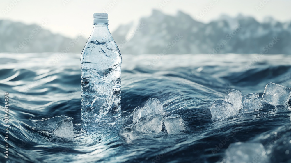 Mineral water bottle with ice cubes. Vector realistic brand poster with cold pure drinking aqua in clear plastic bottle on wavy water surface. Promo banner, advertising background Mineral water bottle with ice cubes. Vector realistic brand poster with cold pure drinking aqua in clear plastic bottle on wavy water surface. Promo banner, advertising background