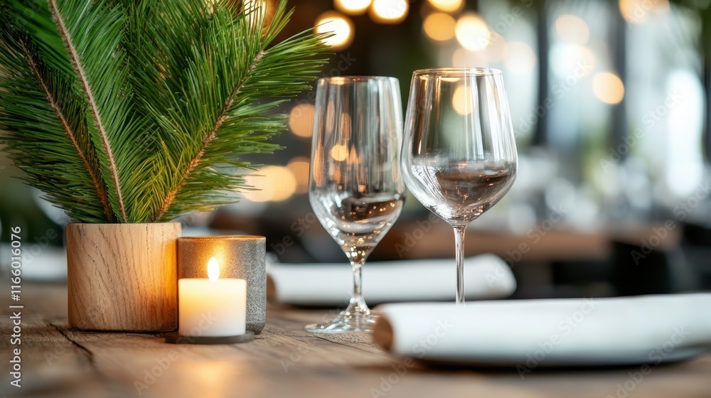 An exquisite table setting featuring decorative glasses, a candle, and lush greenery creates an inviting and intimate atmosphere perfect for dinner parties. An exquisite table setting featuring decorative glasses, a candle, and lush greenery creates an inviting and intimate atmosphere perfect for dinner parties.