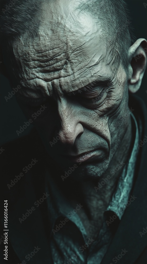 A moving portrait of a sad man shows his features marked by melancholy. A man with a sad look in neutral tones. A moving portrait of a sad man shows his features marked by melancholy. A man with a sad look in neutral tones.