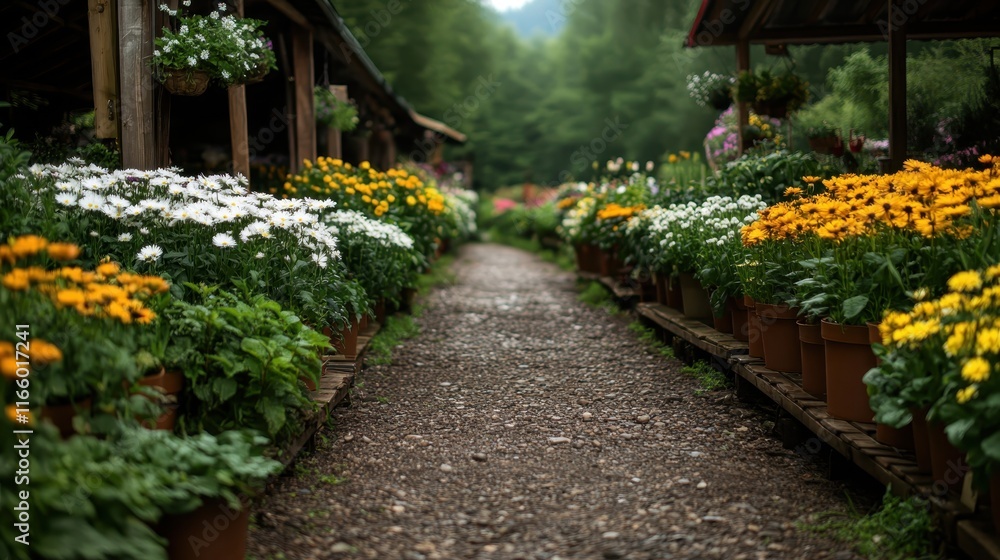 A stunning view showcasing a vibrant flower pathway flanked by colorful blooms, inviting visitors to explore the lively and serene garden atmosphere. A stunning view showcasing a vibrant flower pathway flanked by colorful blooms, inviting visitors to explore the lively and serene garden atmosphere.