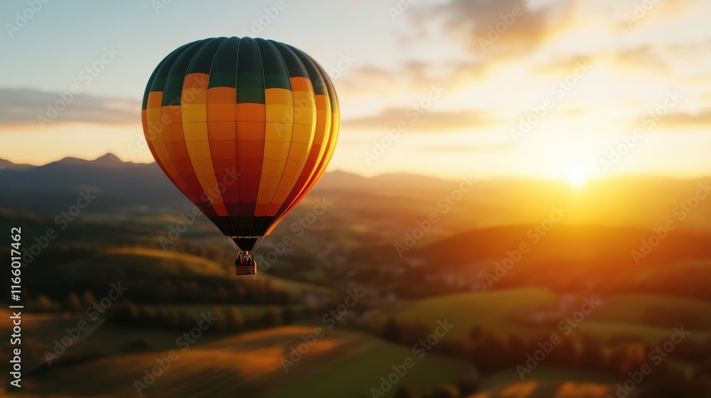 This mesmerizing image captures a hot air balloon gracefully descending amidst a picturesque sunset, showcasing the magical interplay of light and nature's vibrancy. This mesmerizing image captures a hot air balloon gracefully descending amidst a picturesque sunset, showcasing the magical interplay of light and nature's vibrancy.