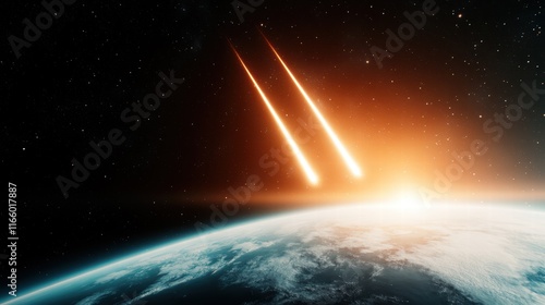 An artistic representation of cosmic events features two glowing rocks heading towards Earth. This imagery captures the dynamic tension and awe-inspiring beauty of space phenomena. photo