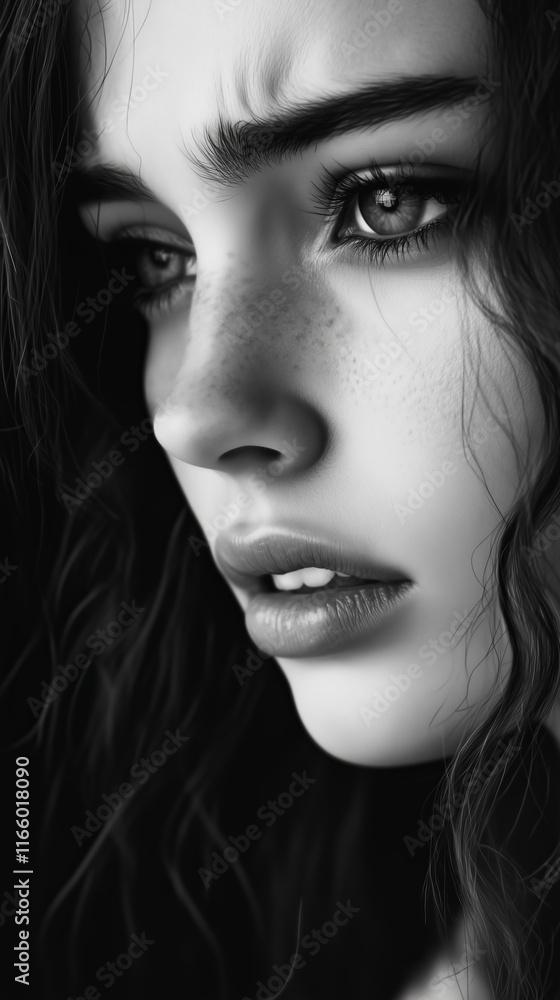 A moving portrait of a sad woman shows her features marked by melancholy. Woman with a sad look in neutral tones. A moving portrait of a sad woman shows her features marked by melancholy. Woman with a sad look in neutral tones.