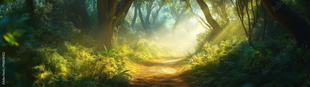 Obraz premium Close up view of a green forest with a beautiful and quiet dirt path background wallpaper AI generated image