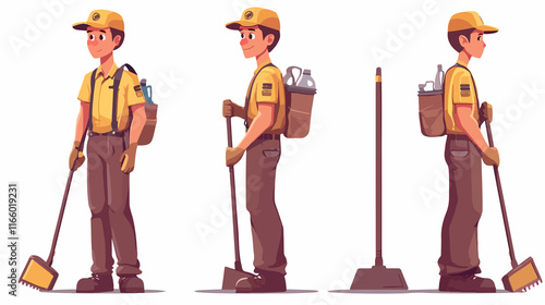 Professional cleaning service man equipped for various cleaning tasks