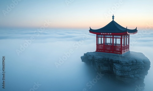 Red pagoda on clifftop above clouds at dawn.