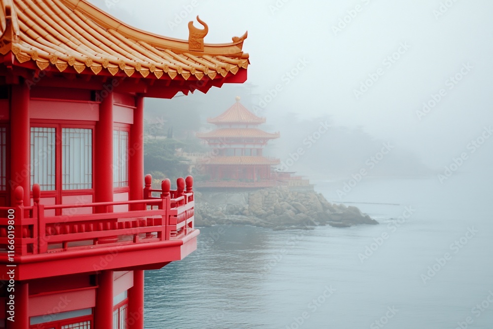 Obraz premium Red Chinese pagoda on foggy coast.