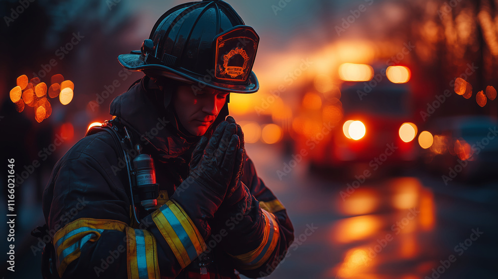 Brave fireman stands in reflection as dusk sets in behind rescue vehicle Brave fireman stands in reflection as dusk sets in behind rescue vehicle