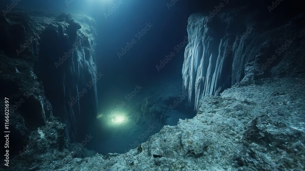 Obraz premium The extreme depths of the Mariana Trench are a harsh environment with deep, dark crevices. background wallpaper AI generated image