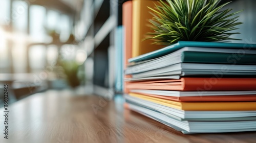 A stack of colorful books with a small green plant creates an inviting and stylish atmosphere in a modern workspace, symbolizing a love for learning and nature. photo