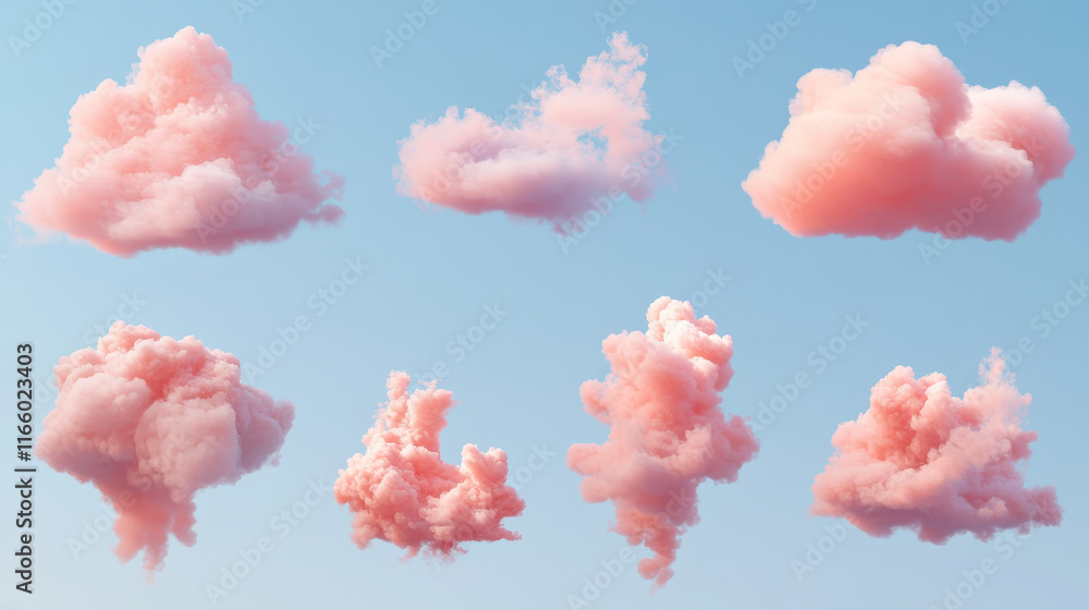 Fototapeta premium Pink clouds in sky at morning or sunset isolated on transparent background. Vector realistic set of fluffy clouds in air, pink smoke or fog in heaven at sunrise or evening