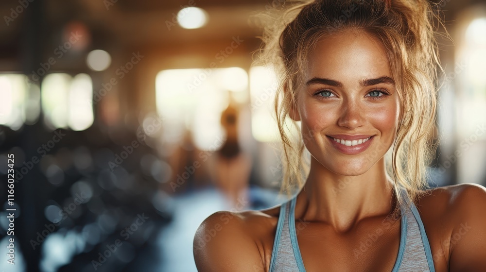 With a warm smile, this woman in an athletic outfit radiates positivity and motivation in a dynamic gym setting, symbolizing strength and well-being. With a warm smile, this woman in an athletic outfit radiates positivity and motivation in a dynamic gym setting, symbolizing strength and well-being.