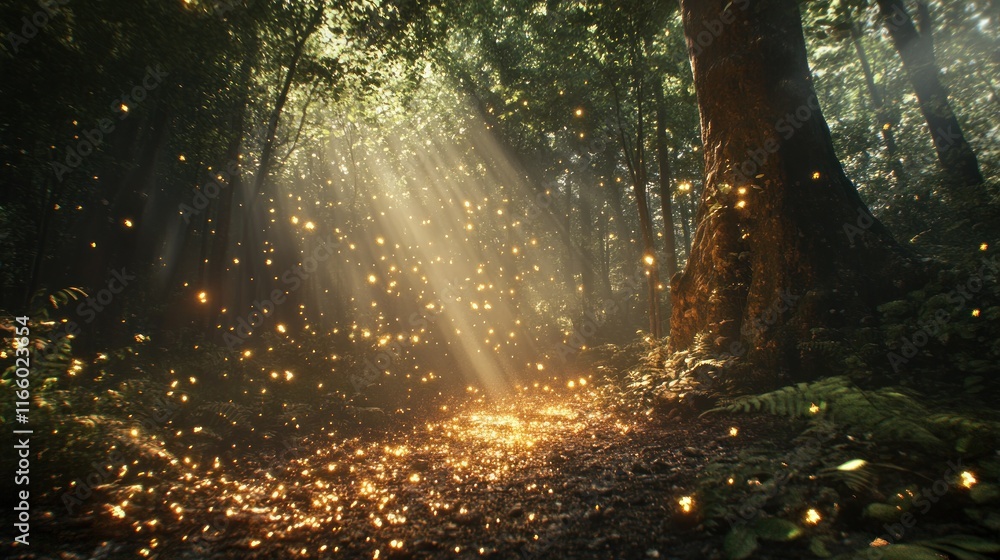 Fototapeta premium A tranquil magical forest, sunlight streaming through the gaps in the trees, casting golden rays onto the forest floor, background wallpaper AI generated image